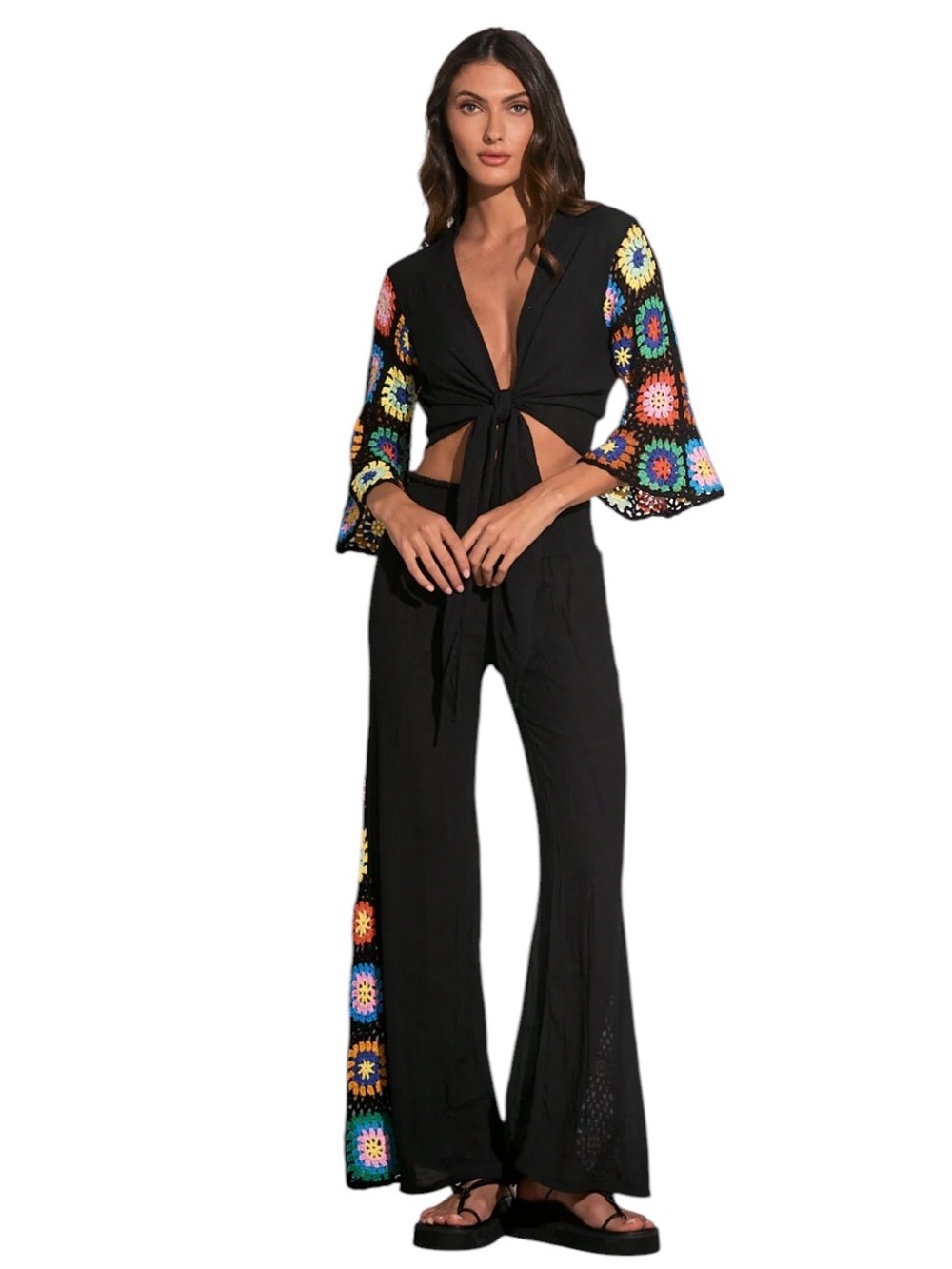 Elan Black Wide-Leg Pants with Vibrant Multicolor Crochet Panels NWT - Picture 10 of 11